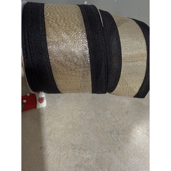 NEW 3 jumbo rolls wired edge ribbon 2.5" x 60” gold metallic sheer Black Lot 3 - Picture 4 of 6